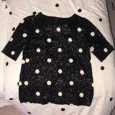 Never Worn! Cheap Polka Dot Crew Neck Tops, Black Crew Neck Novelty Shirt, Cotton T-shirt With Glitter Print And Crew Neck, Sequin Crew Neck Sweater, Camal And Black Polka Dot Sweater, Polka Dot Sweater, J Crew, Scoop Neck, Polka Dot