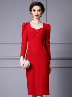 Murals of style and elegance are perfectly captured in this stunning red dress. Designed to make you stand out, this dress features a rich red color that is both bold and sophisticated. The square neckline is elegantly adorned with three decorative buttons, adding a touch of vintage charm to the overall look. The long sleeves and structured shoulders provide a refined and polished appearance, making it ideal for formal occasions. The dress is tailored with a gathered waist that accentuates your Elegant Red Midi Dress With Square Neck, Elegant Formal Midi Dress With Square Neck, Formal Square Neck Dress With Buttons, Red Buttoned Midi Dress For Party, Elegant Buttoned Midi Dress For Wedding, Elegant Red Sheath Midi Dress, Elegant Red Midi Dress For Dinner, Elegant Midi Dress With Buttons And Square Neck, Formal Red Midi Dress With Fitted Bodice