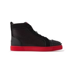 Christian Louboutin was first asked to make men's shoes for pop star Mika to wear on tour, growing up with three sisters, the singer had never seen such excitement as when they put on the designer's shoes. These 'Lou' high-top sneakers are made from panels of supple black leather, mesh and canvas. They're finished with signature spikes at the toes and have comfortable red soles. Leather High-top Sneakers With Red Sole For Streetwear, Designer High-top Sneakers With Perforations For Streetwear, Calf Leather High-top Sneakers With Studded Outsoles, Black Leather High-top Sneakers With Perforations, Red Leather High-top Sneakers With Perforations, Custom Calf Leather High-top Sneakers For Streetwear, Custom Leather Sneakers With Red Sole For Streetwear, Custom Calf Leather Sneakers With Studded Outsoles, Red Leather High-top Sneakers With Perforated Toe