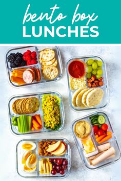 four plastic containers filled with different types of food and the words bento box lunches