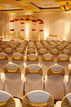 rows of white chairs with gold sashes and red flowers