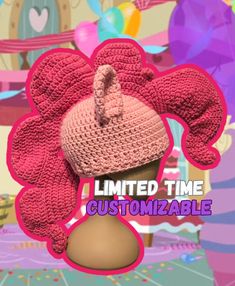 a pink knitted hat on top of a mannequin's head with the words limited time customizable