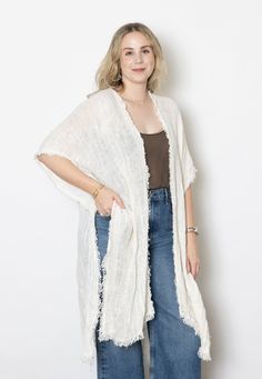 A flowing, effortless layer in a lightweight linen blend that's sleeveless and sometimes worn as a scarf so you can wear it over and over again without the hassle. -Wash on delicate -Hang Dry Jumpsuit Jacket, Navy And Brown, Engineered Garments, Outerwear Coats, Knit Tanks, Kids Sleepwear, Unique Outfits, Stripe Sweater, Outerwear Women