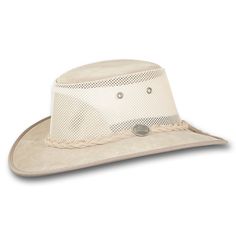 Barmah Hats Foldaway Cattle Suede Cooler Leather Hat - FREE Hat Sizing Kit - FREE Travel Bag - High Quality American Cattle Suede Leather - Handcrafted in Minnesota, USA  - Foldable into Supplied Travel Bag - Air Flow Through Mesh Sides - Water Resistant - 50+ UV Protection  - Brim: Side 2 3/4″ - Front 2 3/4″ - Back 2 3/4″ - Crown: Height 3 3/4″ Cream Short Brim Hat For Outdoor, Cream Flat Brim Hat For Travel, Beige Leather Hats With Curved Brim, Beige Leather Flat Brim Hat, Cream Short Brim Hat For Travel, Cream Flat Bill Hat For Outdoor, Cream Short Brim Travel Hat, Cream Brimmed Hat For Outdoor, Cream Brimmed Outdoor Hat