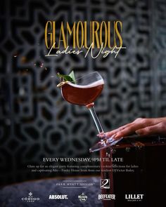 the poster for glamourous ladies night with a hand holding a wine glass in front of it