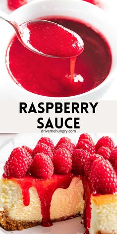 raspberry sauce being drizzled over a cheesecake