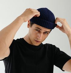 Navy Blue Fisherman Beanie. Merino Wool Ribbed Fisherman - Etsy Navy Winter Baseball Cap, Casual Ribbed Cap, Navy Casual Beanie Hat, Casual Ribbed Beanie, Casual Blue Ribbed Beanie, Fisherman Outfit, Fisherman Beanie, Green Choices, Navy Outfit