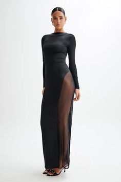 Andretti Slinky Long Sleeve Maxi Dress With Mesh - Black - MESHKI U.S Maxi Dress With Boots, Mesh Long Dress, Long Summer Dresses Maxi, Mesh Bodycon Dress, Maxi Dress Sale, Sleeve Maxi Dress, Long Summer Dresses, Long Sleeve Maxi, Crepe Dress