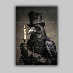 a black bird wearing a top hat and holding a lit candle in its right hand