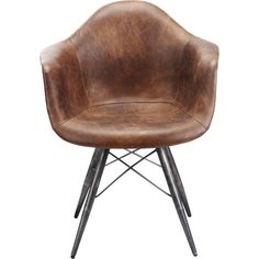 a brown leather chair with metal legs