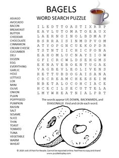 the bagels word search is shown in black and white