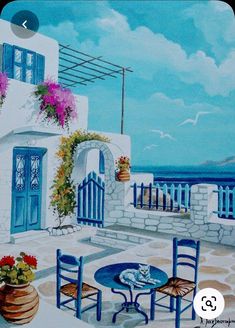 a painting of a patio with chairs and table