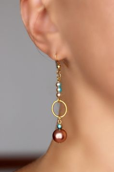 Long Pearl Beaded Earrings Brown Blue Pearl Dangle Earring Gold Ring Earrings Brown Pearl Earring Stainless Steel Earrings Unique Earrings - Etsy Gold Beaded Teardrop Pearl Earrings, Pearl Drop Earrings With Gold Beads, Gold Beaded Dangle Earrings With Pearl Drop, Gold Dangle Beaded Earrings With Pearl Drop, Gold Ring Earrings, Brown Pearl Earrings, Pink Pearl Earrings, Tiffany And Co Jewelry, Personal Jewelry