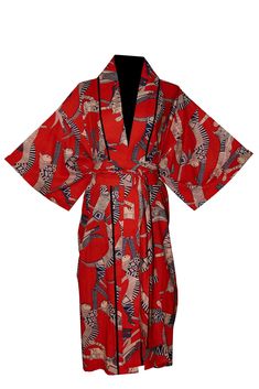 The fabric is easy to clean and easy to wear. The soft cotton, gentle material and luxurious drape, whether you're lounging or layering, this kimono cover up will make you feel like a queen. With a loose swing shape for an easy, flowy fit makes this robe extremely comfortable and elegant to wear. The print covers the entire front and back panel and is piped in a lovely contrast colour. Use the belt included with the dress if you prefer a more fitted look. Our kimono comes in 4 sizes and 3 length Red Cotton Robe For Spring, Cotton Kimono With Kimono Sleeves For Loungewear, Red Cotton Kimono For Vacation, Cotton Open Front Kimono For Loungewear, Cotton Open Front Robe For Loungewear, Open Front Cotton Robe For Loungewear, Red Cotton Robe With Kimono Sleeves, Printed Cotton Robe For Home, Long Summer Sleep Kimono