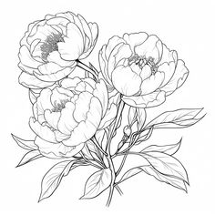 three large flowers with leaves on the stems are shown in this black and white drawing