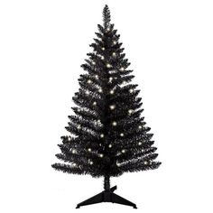 a black christmas tree with white lights on it