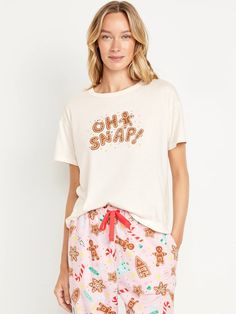 Matching Holiday-Graphic T-Shirt | Old Navy Funny Print Short Sleeve T-shirt For Loungewear, Funny Print Crew Neck T-shirt For Loungewear, Holiday T Shirts, 2022 Gift Ideas, Ask Believe Receive, Warm Pajamas, Pajamas Gift, Oh Snap, Women's Pajamas