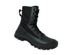 Upper: 1.8 mm full grain leather + polyester + webbing reinforcements; The upper features both lacing and an internal zip with strap; Lining: mesh; Footbed: PE with mesh lining; Weight: 500g (1/2 pair size 9USA); Black color Tactical Boots, Full Grain Leather, Black Boots, Black Color, Grain, Mesh, Boots, Lace, Leather