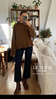 Los Angeles Date Night Outfit, Winter Outfits 30s, 2025 Business Casual, Brown Sweater Work Outfit, Basic Business Casual Outfits For Women, Elevated Casual Fall Outfit, Crop Kick Flare Jeans Outfit, Midsize Style Fall, La Style Outfits Los Angeles Winter