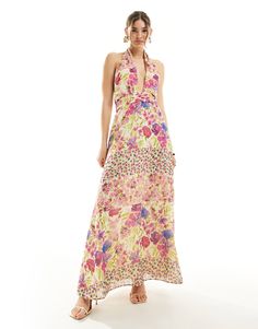 Vero Moda halterneck maxi dress in mixed floral print | ASOS Pink Halter Neck Maxi Dress For Summer, Feminine Pink Halter Neck Dress, Multicolor V-neck Halter Dress For Vacation, Tropical Print Halter Neck Maxi Dress For Beach, Tropical Print Halter Neck Maxi Dress For Party, Halter Neck Maxi Dress With Tropical Print For Party, Pink Chic Maxi Halter Dress, Pink Halter Maxi Dress For Summer, Feminine Floor-length Beach Maxi Dress