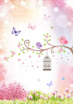 a birdcage with flowers and butterflies flying around