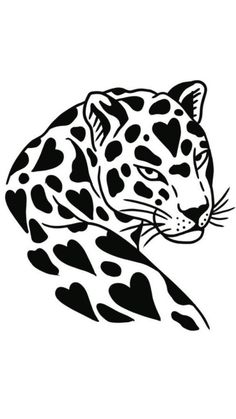 a black and white drawing of a leopard with hearts on it's face,