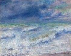 an oil painting of waves crashing on the beach with blue sky and clouds in the background