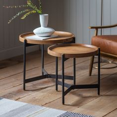 Stylish Mango Wood & Iron Nested Side Tables – Compact & Contemporary Design - Decor interiors Modern Metal And Wood Furniture, Nest Of Tables Wood, Nesting Table And Chair, Black Metal Nesting Table, Nesting Tables Oak, Industrial Nesting Table, Nest Of Tables Scandi, Nest Side Tables Living Room, Wood Nesting Side Tables