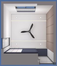 a clock mounted to the side of a wall in a room with white walls and blue flooring