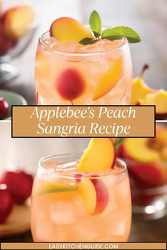 two glasses filled with peach sanggraa and garnished with fresh fruit