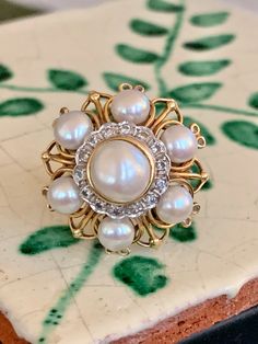 Anniversary Fine Jewelry Pearl Cluster Ring, Luxury Multi-stone Pearl Heirloom Ring, Luxury Multi-stone Heirloom Pearl Ring, Luxury Multi-stone Pearl Ring Fine Jewelry, Vintage Multi-stone Pearl Ring For Formal Occasions, Gold Pearl Ring, Diamond Cluster Ring, Diamond Cluster, Gold Pearl