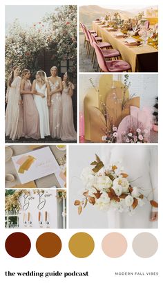 wedding color palettes for the bride and her bridal party in shades of pink, gold