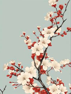 a branch with white and red flowers against a light blue background, in the foreground