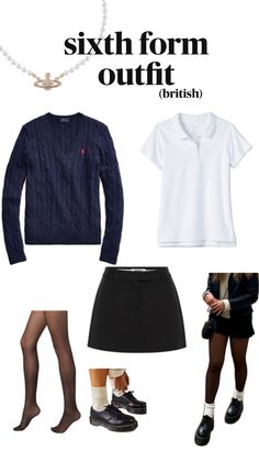 a woman in black skirt and white shirt with text that reads, sixth form outfit