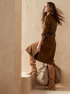 Suede Trench Dress | Banana Republic Suede Dress Outfit, Leather Dress Outfit, Lace Dress Outfit, Business Casual Fall, Elegant Boots, Trench Dress, Style Edit, Suede Dress, Evening Outfits