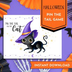 a halloween card with a black cat wearing a witches hat and holding a trick on the tail