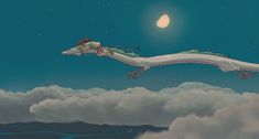 a dragon flying in the sky with a girl on it's back and clouds below