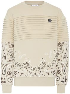 beige cotton embroidered logo logo patch to the front paisley print pleat detailing round neck long sleeves ribbed cuffs and hem Designer Fall Sweatshirt With Embroidered Logo, Designer Cotton Sweatshirt With Ribbed Cuffs, Designer Sweatshirt With Embroidered Logo And Crew Neck, Designer Crew Neck Sweatshirt With Embroidered Logo, Luxury Crew Neck Sweatshirt With Ribbed Cuffs, Luxury Cotton Sweater With Ribbed Cuffs, Designer Cotton Sweatshirt For Fall, Designer Crew Neck Sweater For Spring, Luxury Cotton Sweatshirt With Embroidered Logo