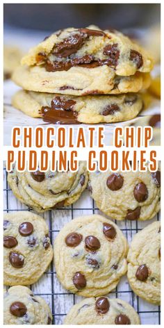 chocolate chip pudding cookies stacked on top of each other with text overlay that reads, chocolate chip pudding cookies