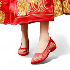 ❁Embrace Timeless Elegance with the Enchanting Peacock: Red Wedding Shoes for Your Tea Ceremony ❁Step into a world of captivating beauty and tradition with our mesmerizing red wedding shoes, handcrafted specifically for your Chinese tea ceremony!  Featuring a stunning red upper adorned with a breathtaking hand-embroidered golden peacock design that flows from front to back, these flats elevate your special day with a touch of luxury and cultural significance. ❁A Symbol of Luck and Beauty Takes F Red Wedding Shoes For Spring, Red Spring Wedding Shoes, Spring Red Wedding Shoes, Embroidered Flat Heel Wedding Shoes, Red Chinese Wedding, Golden Peacock, Red Wedding Shoes, Chinese Tea Ceremony, Chinese Wedding