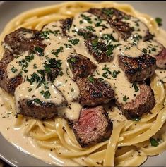 steak with sauce and noodles on a white plate, ready to be eaten at the table