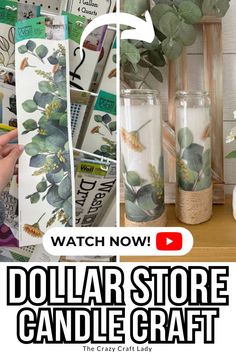 dollar store candle craft with text overlay that reads watch now dollar store candle craft