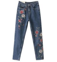 Blue Embroidered High Waist Pants, High Waist Embroidered Blue Pants, Spring Embroidered Denim Blue Pants, Wide Leg Denim Blue Jeans With Floral Embroidery, Denim Blue Floral Embroidery Wide Leg Jeans, Embroidered Denim Blue Pants, Trendy Embroidered Pants For Fall, High Rise Jeans With Floral Embroidery, High Rise Floral Embroidered Jeans