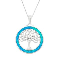 "Featuring a tree of life motif with lab-created blue opal inlays, this circle pendant offers natural beauty. Comes in a gift box.PENDANT DETAILS Pendant length: 1.34 in. Chain length: 18 in. Clasp: spring-ring Metal: rhodium-plated sterling silver STONE DETAILS Stone type: lab-created blue opal Setting: inlay  Size: 18"". Gender: female. Age Group: adult." Life Circle, Circle Pendant Necklace, Silver Tree, Tree Of Life Pendant, Blue Jewelry, Circle Pendant, Blue Opal, Metal Rings, Spring Rings