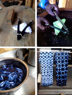 four different pictures show the process of weaving fabric with scissors and other things that are being made