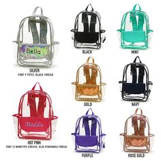 "Clear Backpacks -Material: Transparent PVC with hotpink trim. -Size: 11.4\"L x 5.1\"W x 16.1\"H -Two sides pockets. Bottle water can be held. -Zipper hanging pocket inside. -Padded and comfortable belts. Notice: The transparent PVC material will be more solid in winter. ❗️❗️❗️When choosing your design, please notice that your monogram (style, size for both uppercase and lowercase letters) will be based on the second picture provided. All the other monograms in other pictures are samples and for Trendy School Backpack With Clear Strap, Trendy Clear Backpack For School, Customizable Rectangular Backpack For Daily Use, Trendy Clear Backpack For Back To School, Back To School Backpack With Clear Strap, Customizable Daily Use Backpack, Student Bags With Clear Strap For Back To School, Back To School Bags With Clear Strap For Students, Clear Bags For Back To School