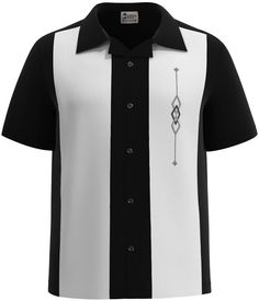 PRICES MAY VARY. Black with White Panel Embroidered Retro Design on Left Chest Full Button ; Machine Washable ; Made in the USA "Premium and Smooth" are two words that come to mind with this black and white bowling shirt. This embroidered camp shirt is accented with silver great and black retro diamonds.

 -- Black Color with White Panels. Embroidered Retro Design on Left Chest. 100% polyester. Notch Sleeves with buttons ; Full Button . Machine Washable Black Mac, Retro Bowling, Button Machine, 40s Style, White Panel, Bowling Shirt, Summer Gathering, Inspo Pics, Vintage Hawaiian Shirts