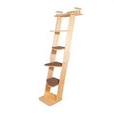 a wooden cat tree with three shelves