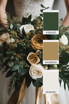 a bride holding a bouquet with flowers and greenery in the colors green, beige, and white