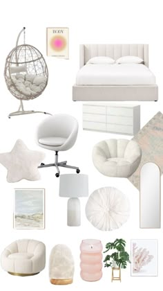 a collage of white furniture and accessories including a bed, chair, desk, lamp, pictures, and other items